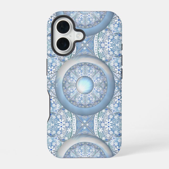 Coque iPhone 16 Dentelle en céramique bleu clair (Verso)