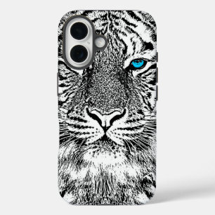 Coque iPhone 16 Design de tigre aux yeux bleus noir et blanc