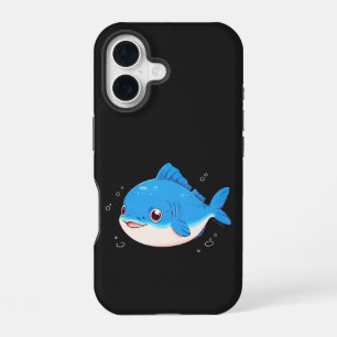 Coque iPhone 16 Dessin de poisson bleu, style cartoon