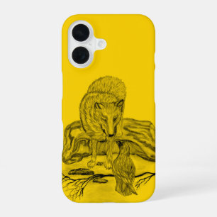 Coque iPhone 16 Dessin noir et jaune de loup et de corbeau