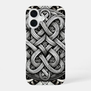 Coque iPhone 16 Détaillierte Schwarz-Weißer keltischer Knoten 0001
