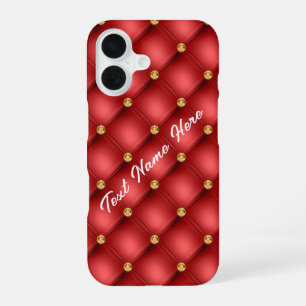 Coque iPhone 16 Diamant Doré Cuir Tufté Texte Personnalisé Nom Rou