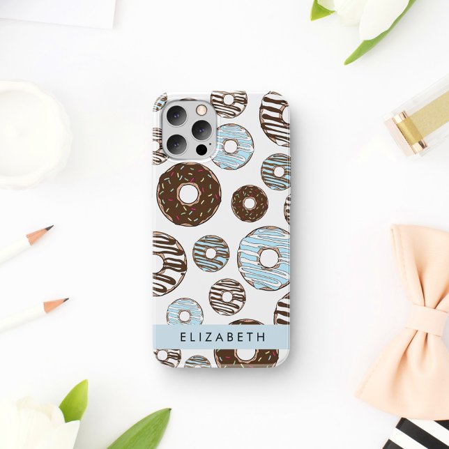 Coque iPhone 16 Donuts Bleus, Donuts Marrons, Paillettes, Votre No (Créateur téléchargé)