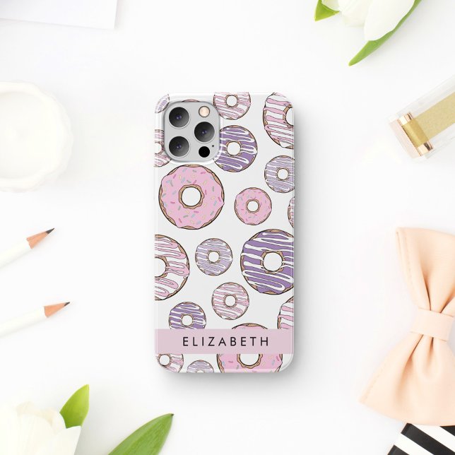 Coque iPhone 16 Donuts roses, Donuts violets, Paillettes, Votre No (Créateur téléchargé)