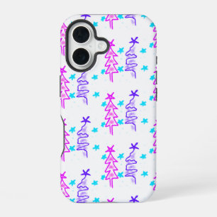 Coque iPhone 16 Doodle arbre de Noël étoiles vacances rose violet