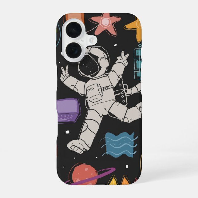 Coque iPhone 16 Doodle de fusée spatiale d'astronaute (Verso)