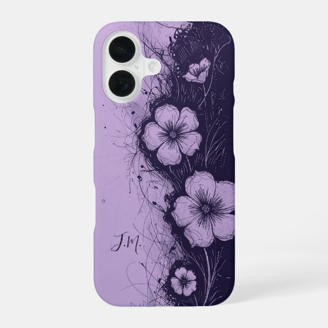Coque iPhone 16 Double Lavande violette Fleurs Monogramme Nom pers (Verso)
