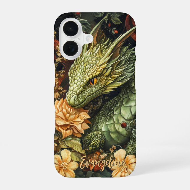Coque iPhone 16 Dragon vert enchanté avec élégant tableau floral (Verso)