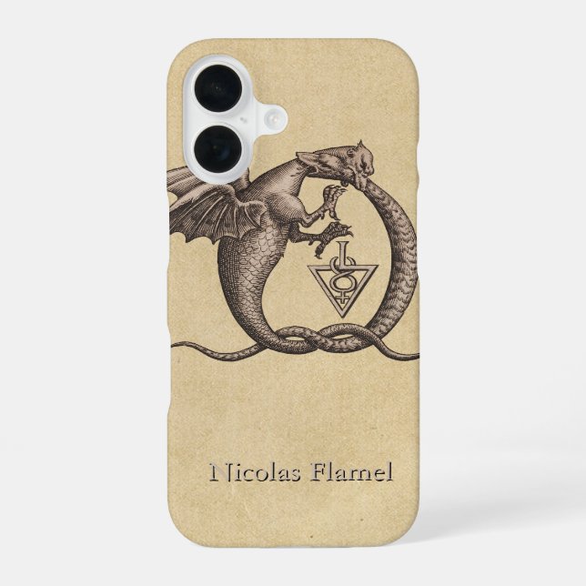 Coque iPhone 16 Dragons Ouroboros avec nom (Verso)