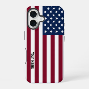 Coque iPhone 16 Drapeau Américain avec Texte Personnalisé