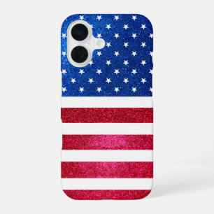 Coque iPhone 16 Drapeau américain pailleté rouge blanc bleu patrio