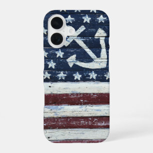 Coque iPhone 16 Drapeau américain peint et ancre sur bois