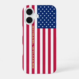 Coque iPhone 16 Drapeau américain USA Or Monogramme Patriotique Él