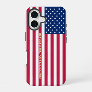 Coque iPhone 16 Drapeau américain USA Or Monogrammé Patriotique Ré