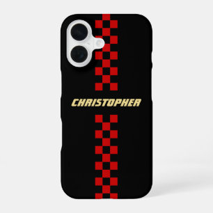 Coque iPhone 16 Drapeau de course à carreaux rouge et noir avec mo