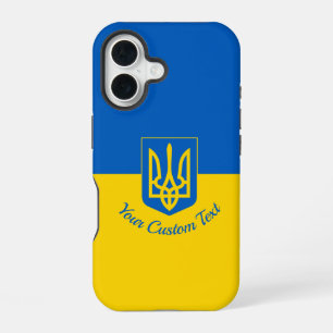 Coque iPhone 16 Drapeau ukrainien avec armoiries et texte personna