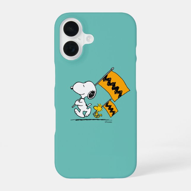 Coque iPhone 16 Drapeaux Peanuts | Snoopy & Woodstock (Verso)