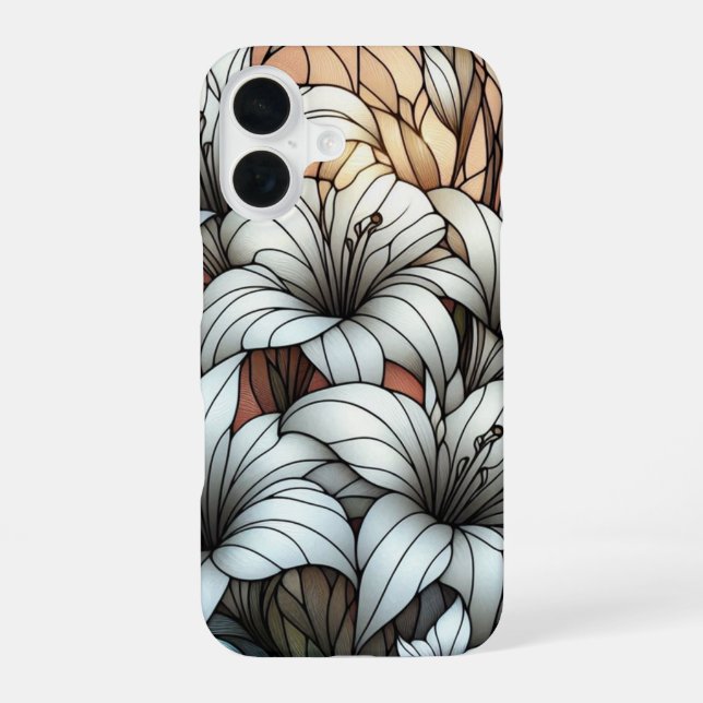 Coque iPhone 16 Effet de vitrail aux lys blancs (Verso)