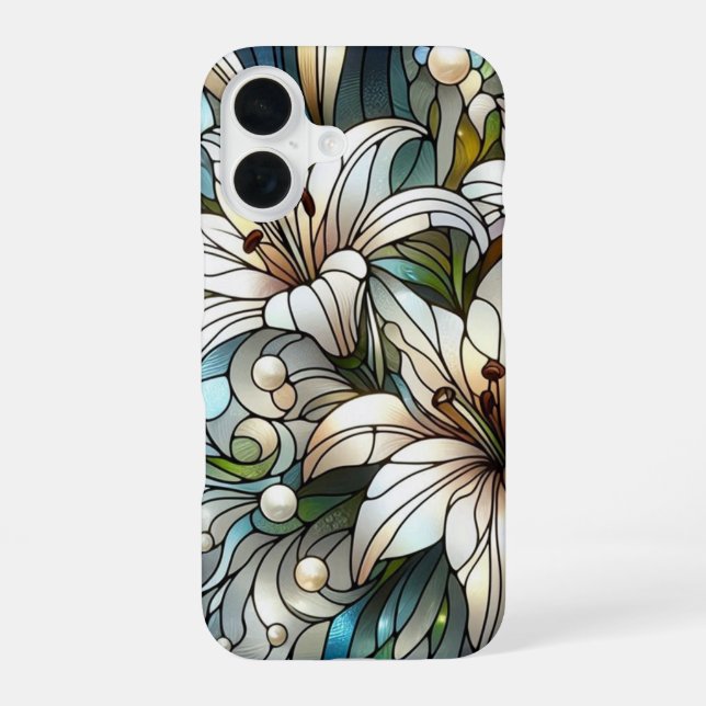 Coque iPhone 16 Effet Vitrail aux Lys Blancs (Verso)