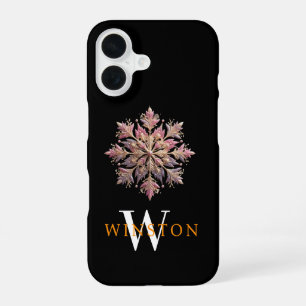 Coque iPhone 16 Élégance de flocon de neige rose scintillant Monog