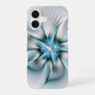 Coque iPhone 16 Élégance florale Art fractal abstrait moderne bleu