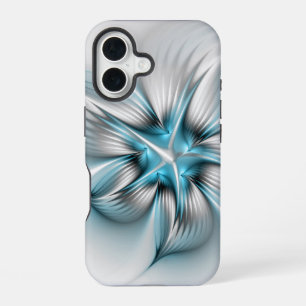 Coque iPhone 16 Élégance florale Art fractal abstrait moderne bleu
