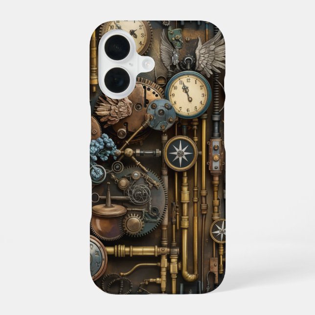 Coque iPhone 16 Élégance mécanique Steampunk en mouvement (Verso)