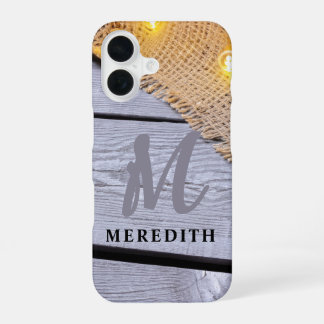 Coque iPhone 16 Élégance Rustique Bois de Grange Burlap Nom et Mon