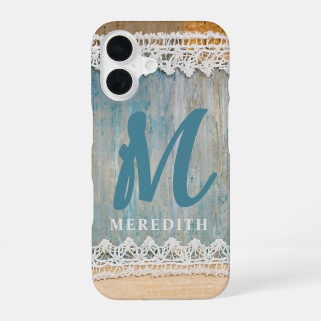 Coque iPhone 16 Élégance rustique monogramme toile de jute dentell (Verso)