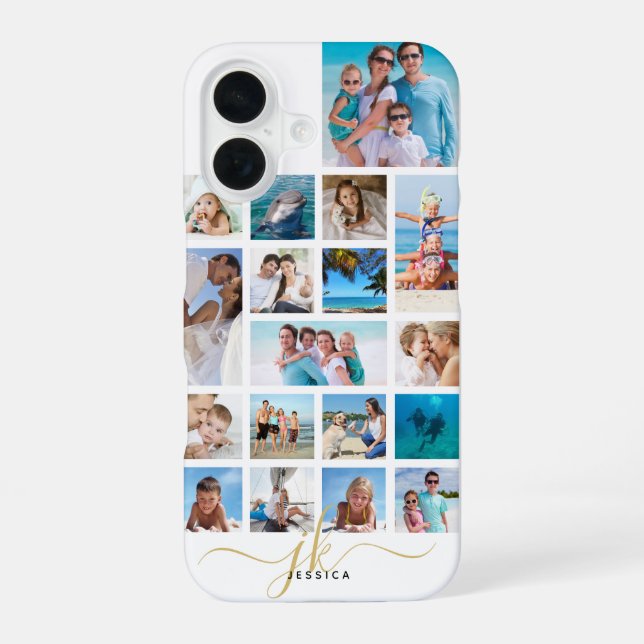 Coque iPhone 16 Élégant 18 Photo Collage Script Monogramme Nom (Verso)