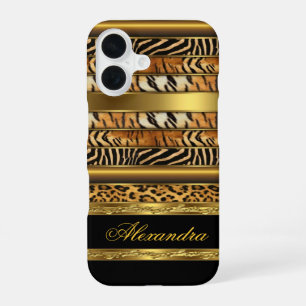 Coque iPhone 16 Élégant Animaux Sauvages Mixtes Noir et Or