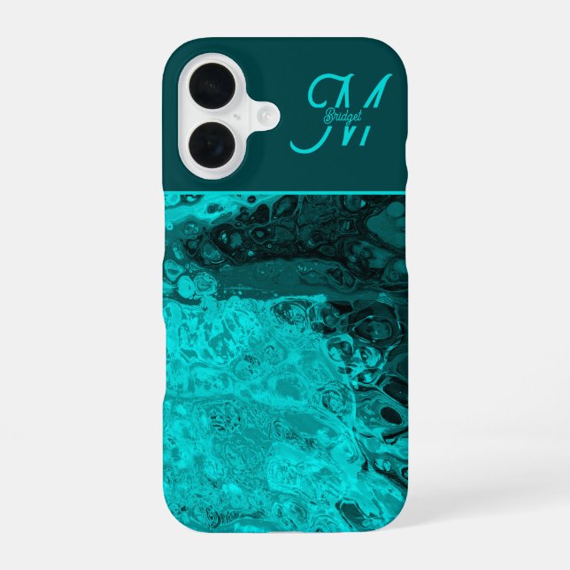 Coque iPhone 16 Elégant Aqua Turquoise bold Script Monogramme (Verso)