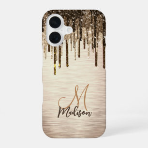 Coque iPhone 16 Élégant brun or gouttes parties scintillant monogr