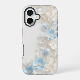 Coque iPhone 16 Élégant Étui iPhone Fleur Bleue et Blanche Perle 3