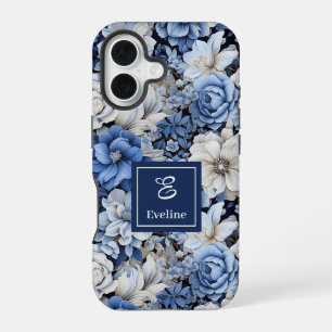 Coque iPhone 16 Élégant Étui iPhone Luxe Fleurs Ivoire Bleu Marine