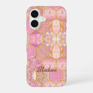 Coque iPhone 16 Elégant faux Parties scintillant rose or géométriq