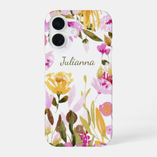 Coque iPhone 16 Élégant floral personnalisé aquarelle rose jaune