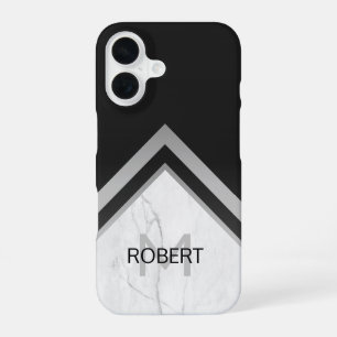 Coque iPhone 16 Élégant Marbre Géométrique Noir Argent Monogrammé