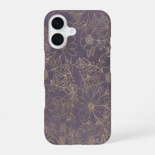 Coque iPhone 16 Élégant moderne étui floral lavande foncé chic or