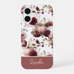 Coque iPhone 16 élégant motif de citrouille et de fleurs personnal