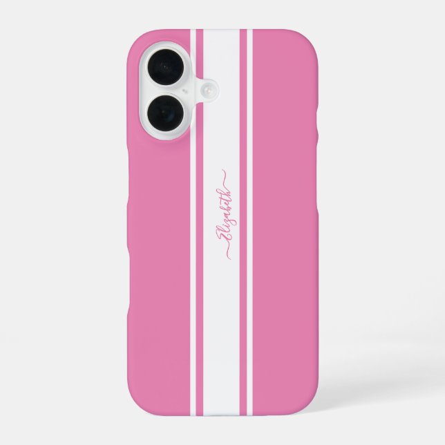 Coque iPhone 16 Élégant rose blanc rayures de course Monogrammed C (Verso)