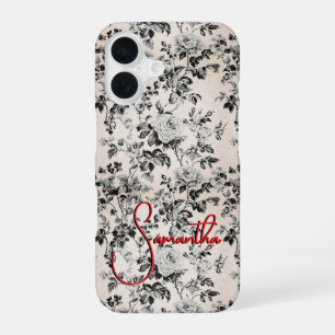 Coque iPhone 16 Élégant Toile Monogramme Français Noir Blanc Rouge