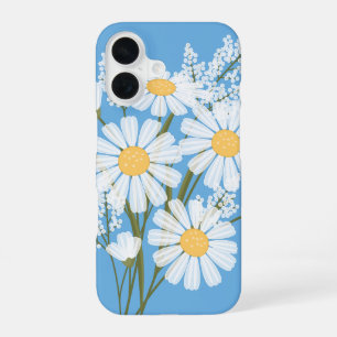 Coque iPhone 16 Elégante marguerite florale blanche sur bleu