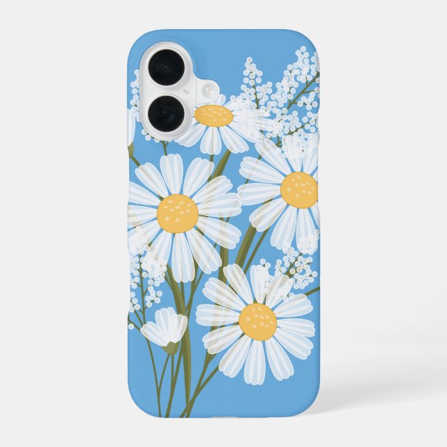 Coque iPhone 16 Elégante marguerite florale blanche sur bleu (Verso)