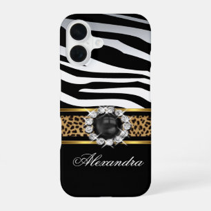Coque iPhone 16 Élégante Zèbre Sauvage Rayure Léopard Noir Or Perl