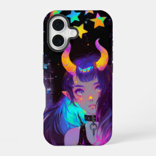 Coque iPhone 16 Elfe de la Nuit à Corne Arc-en-Ciel sous les Étoil