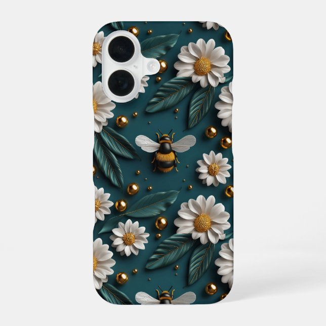 Coque iPhone 16 Emerald Green 3D Bees Daisy Flowers Bumble (Verso)