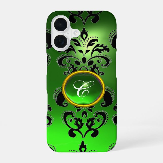 Coque iPhone 16 EMERALD VERT BLACK DAMASK GEM MONOGRAM Floral (Verso)