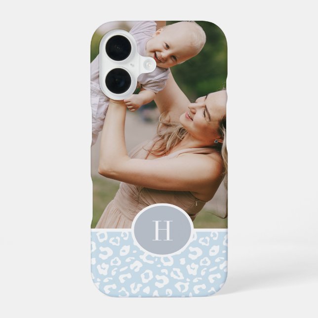Coque iPhone 16 Empreinte de léopard bleu ciel mignon Monogramme & (Verso)