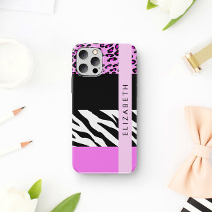 Coque iPhone 16 Empreinte de léopard, Zebra Print, Rose, Votre nom